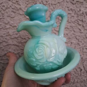 Vintage 70s Avon Skin So Soft Pitcher & Bowl Jadeite color Milk Glass 6'' Empty